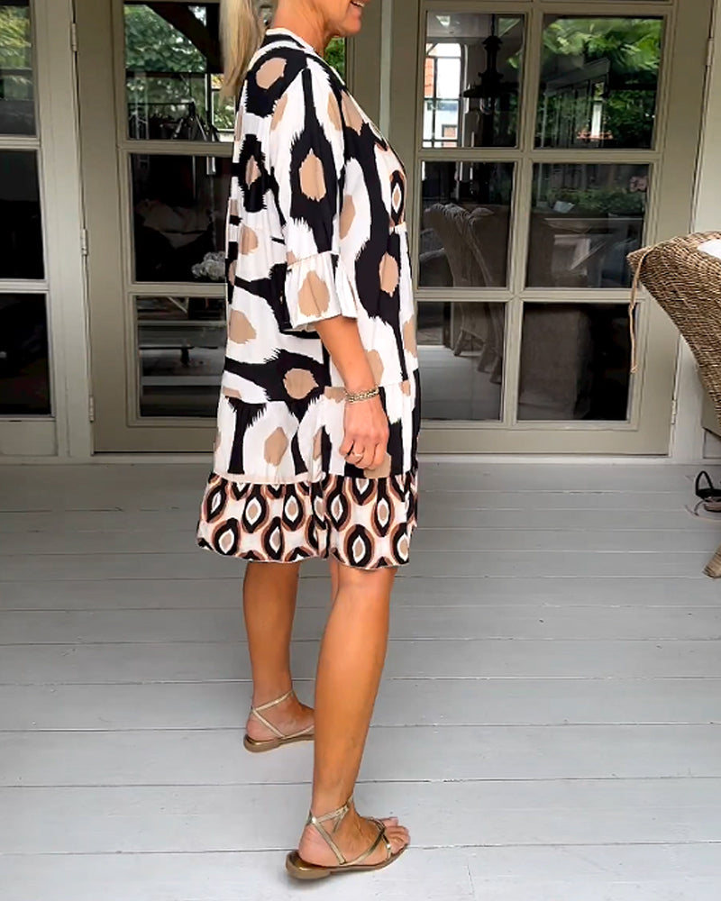 Women's Abstract Print V Neck Tiered Linen Shift Dress