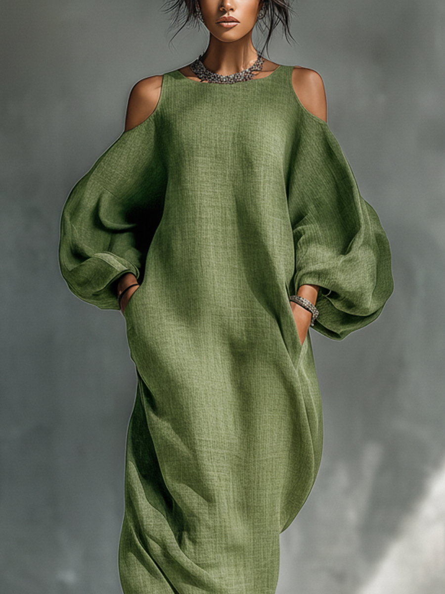 Women's Linen Cold Shoulder Balloon Sleeve Maxi Dress