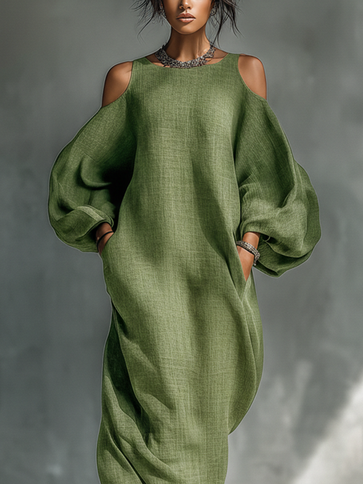 Women's Linen Cold Shoulder Balloon Sleeve Maxi Dress