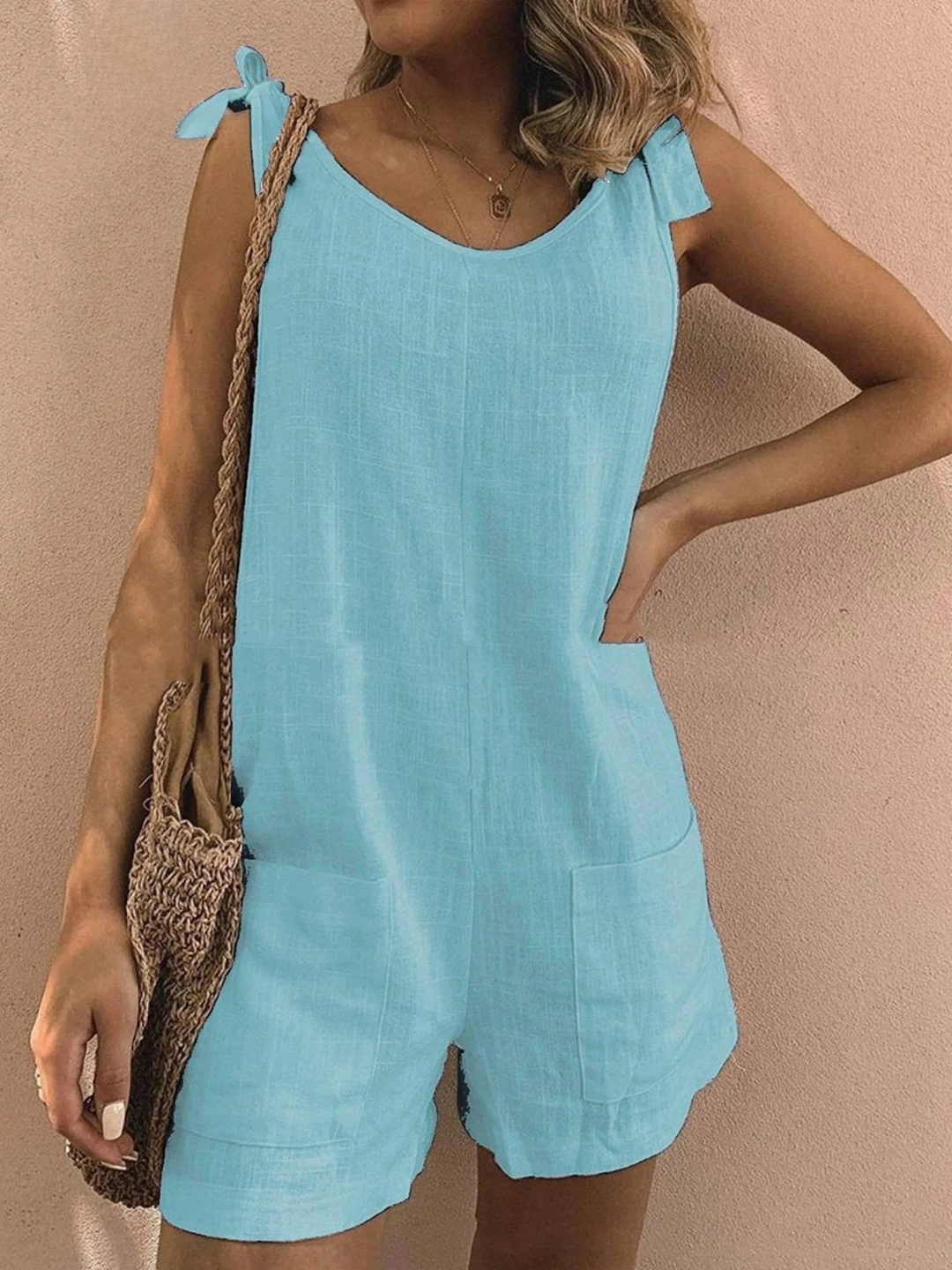 Women's Linen Sleeveless Romper V-Neck Overalls Jumpsuit