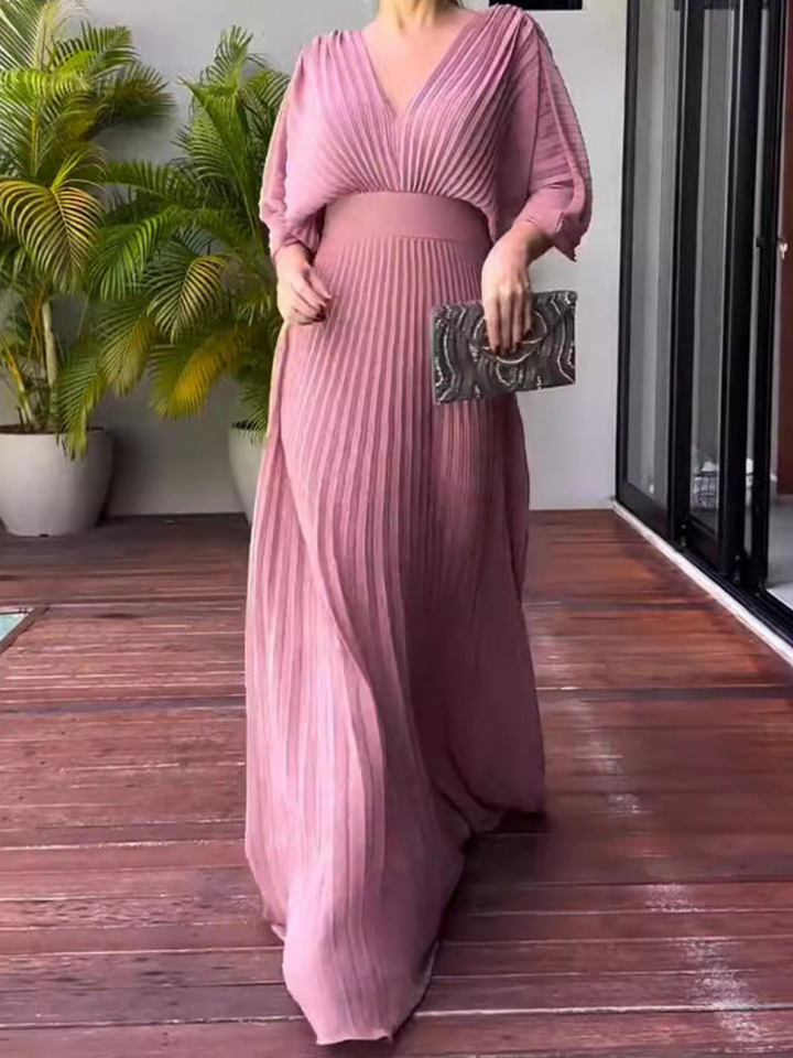 Women’s Pleated V-Neck Linen-Blend Maxi Dress