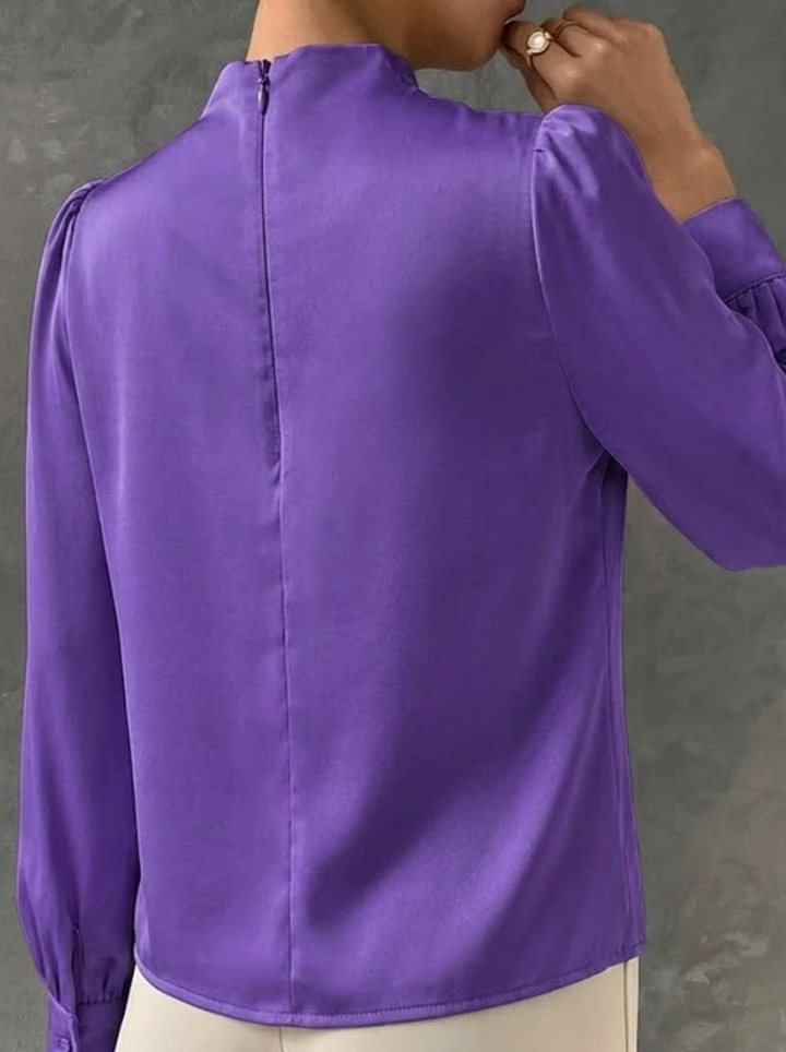 Women's Satin High Neck Blouse Long Sleeve Draped Silk Shirt