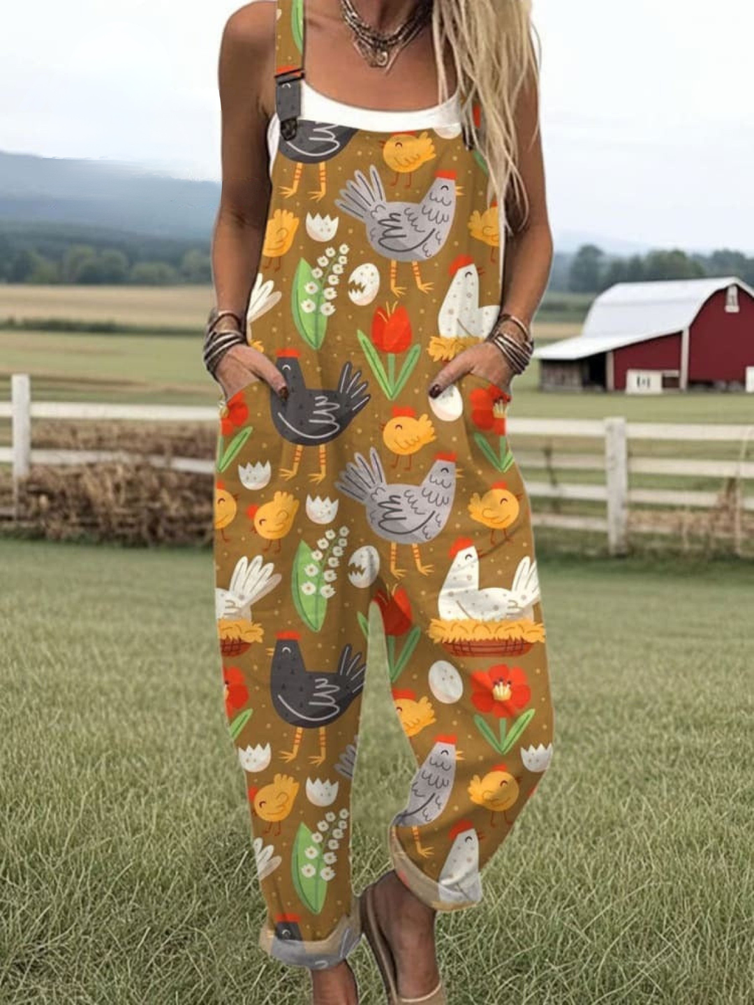 Women's Linen Blend Graphic Print Loose Fit Sleeveless Overalls Jumpsuit