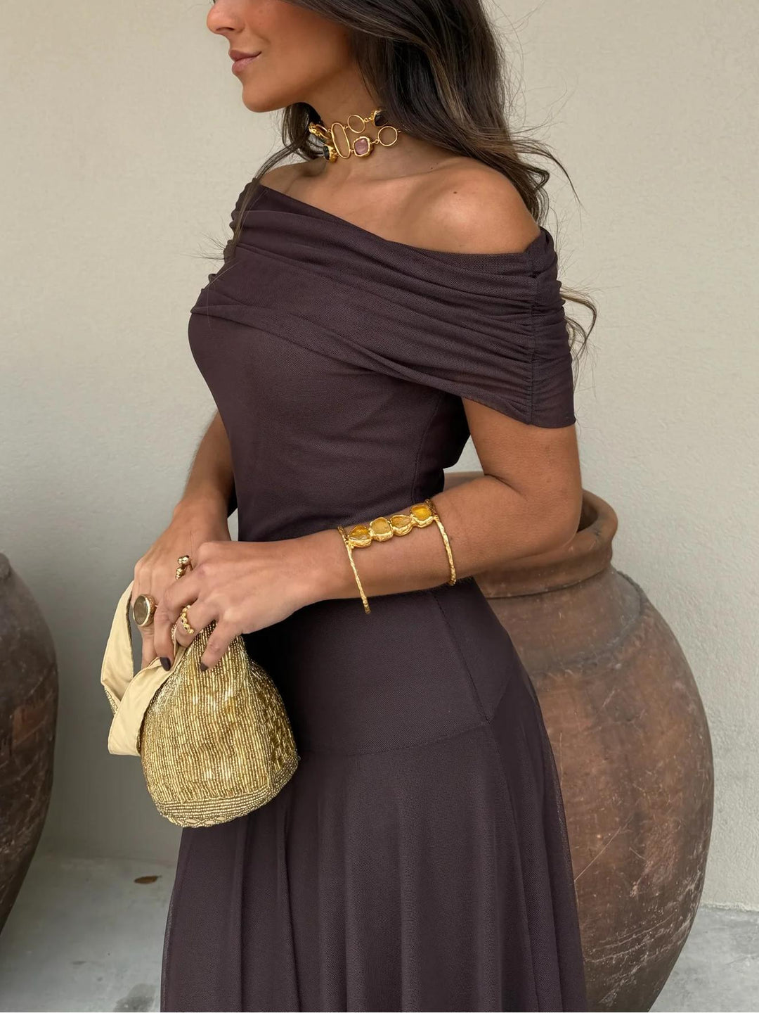 Women's Off Shoulder Chiffon A Line Party Evening Maxi Dress