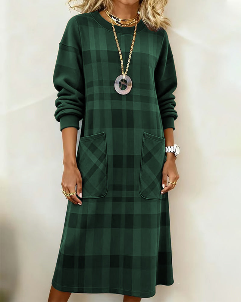 Women's Knit Round-Neck Plaid Shift Dress
