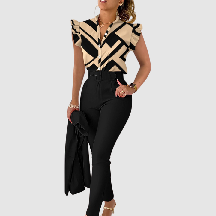 Women’s Linen Ruffle-Sleeve Top & Trousers Matching Set
