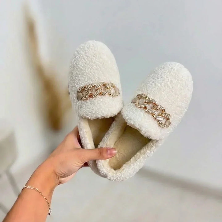 Women's Fleece Chain Loafer Slippers Flat House Shoes