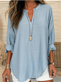 Linen V-Neck Women's Long Sleeve Tunic Blouse Tops