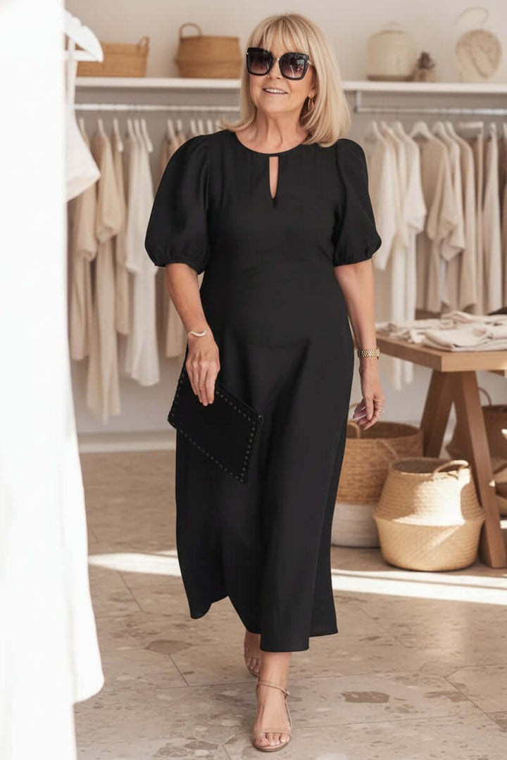 Women's Linen Blend Puff Sleeve Cutout Midi Dress