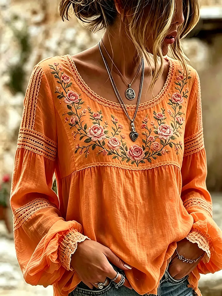 Women's Embroidered Linen Blouse Long Sleeve Casual Top