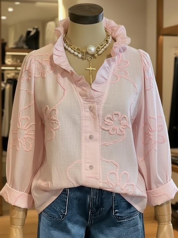 Women's Linen Ruffle-Collar Long-Sleeve Blouse