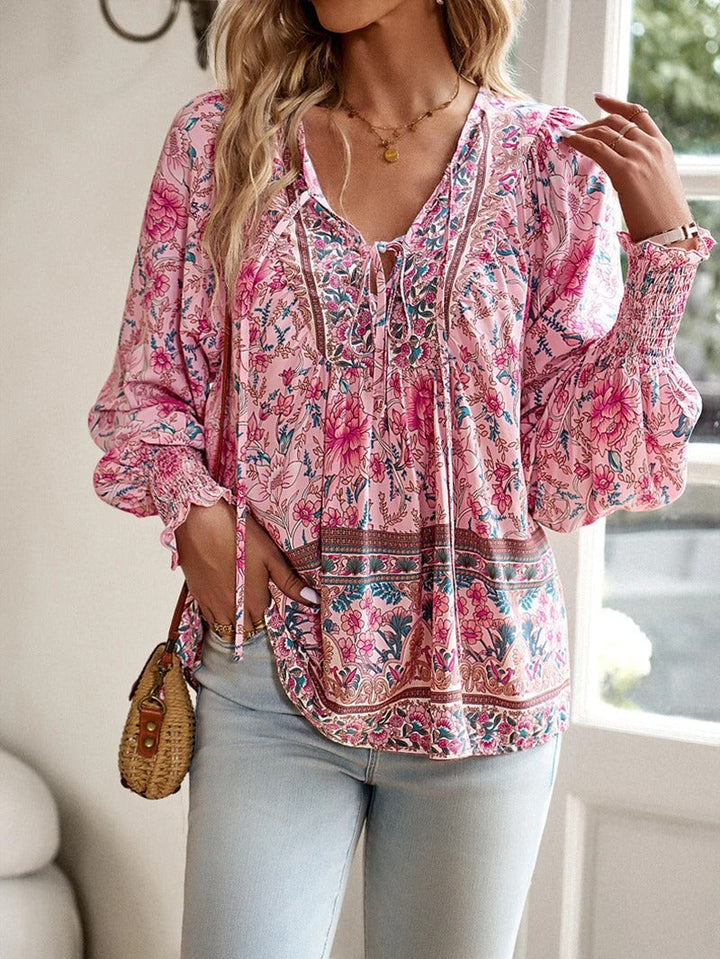 Women's Boho Floral Chiffon Long Sleeve Peasant Blouse Top