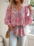 Women's Boho Floral Chiffon Long Sleeve Peasant Blouse Top