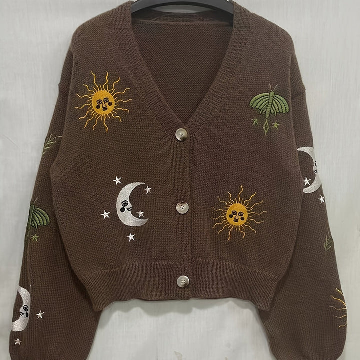 Women's Wool Sweater Embroidered Knit Jumper V-Neck Cardigan