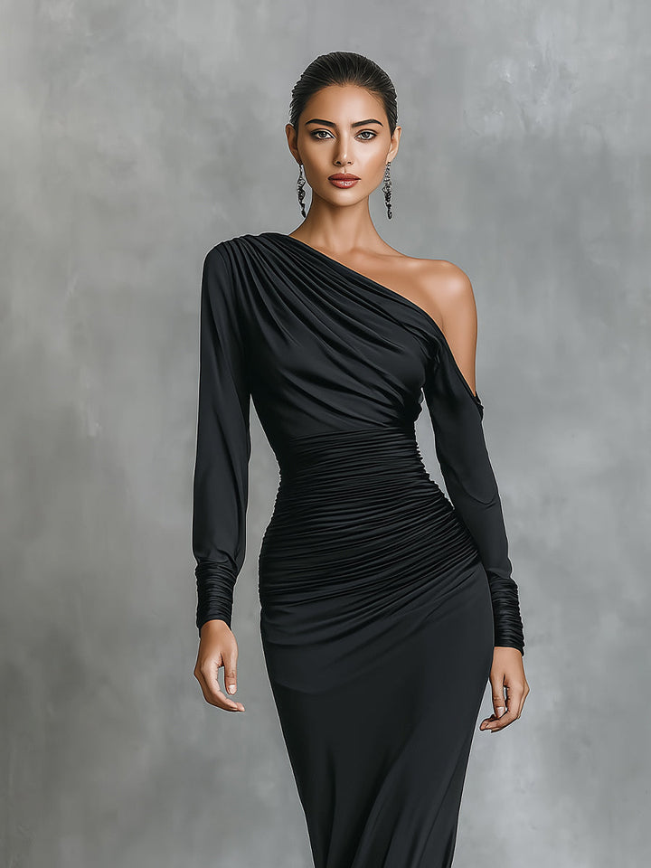 Women's Satin Long-Sleeve One-Shoulder Mermaid Maxi Dress