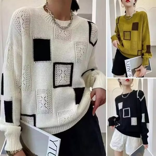 Női gyapjúkeverék kötött patchwork geometrikus mintás pulóver
