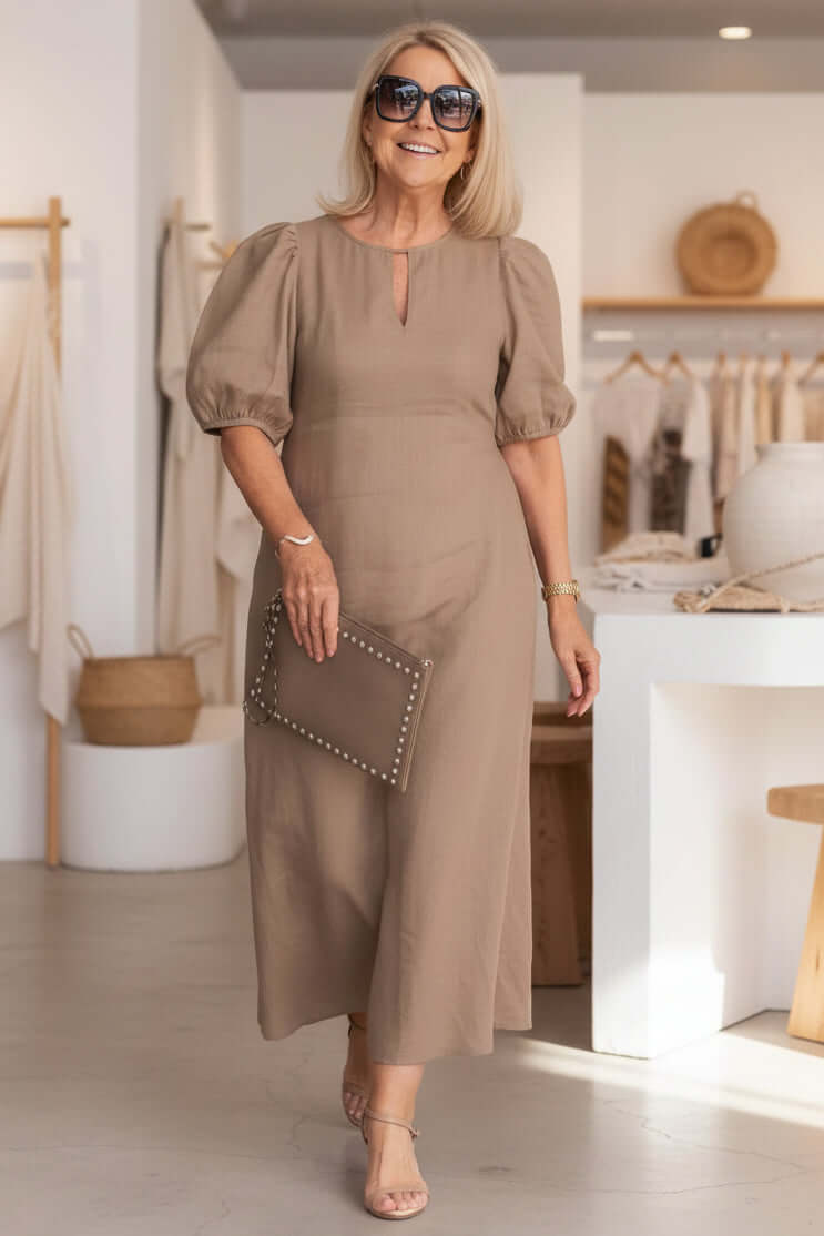 Women's Linen Blend Puff Sleeve Cutout Midi Dress