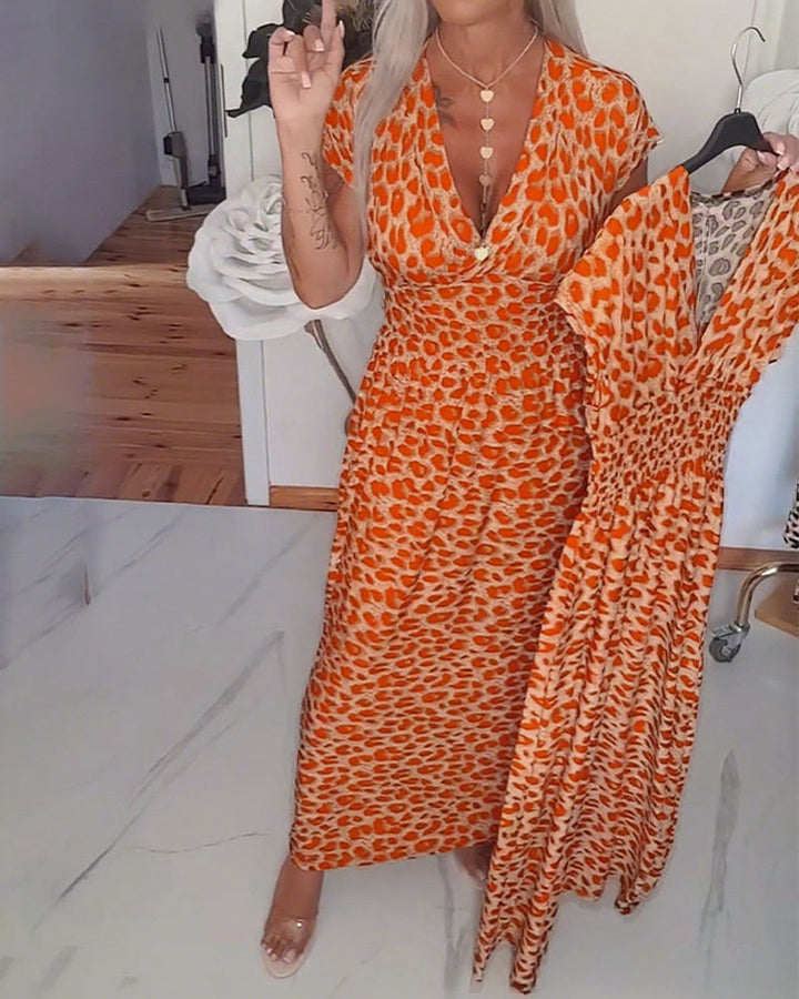 Women's Rayon Animal Print V-Neck Short-Sleeve Wrap Maxi Dress