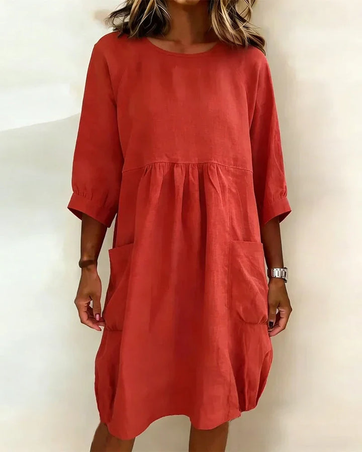 Women's Linen Crewneck Pocket Gathered Loose Dress