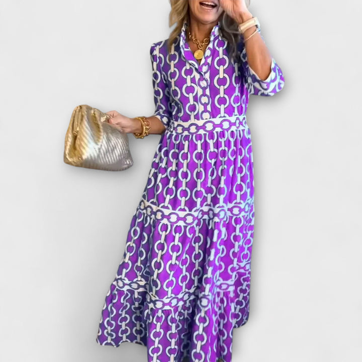 Women's Satin Button-Front Chain-Print Midi Dress
