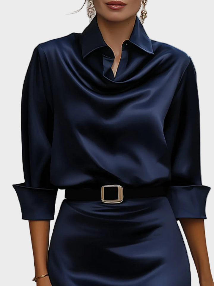Women's Satin Cowl Neck Long Sleeve Midi Dress