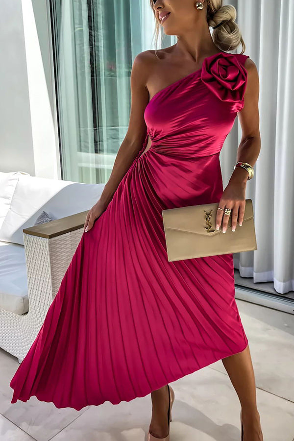 Women's Pleated Satin One Shoulder Maxi Dress