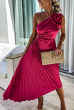 Women's Pleated Satin One Shoulder Maxi Dress