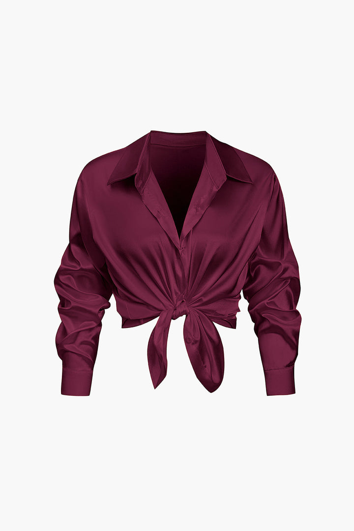 Women's Silk Satin Button Up Shirt Long Sleeve Blouse