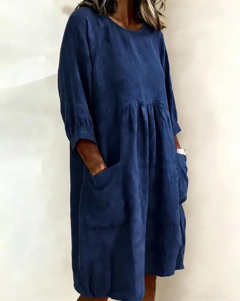 Women's Linen Crewneck Pocket Gathered Loose Dress