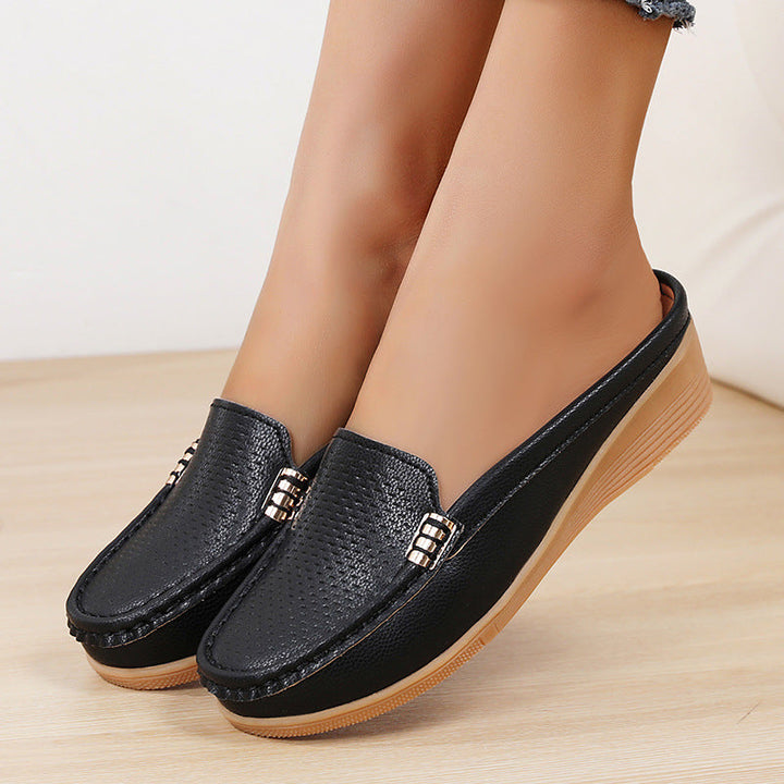 Women's Leather Mules Wedge Loafers Slip On Shoes
