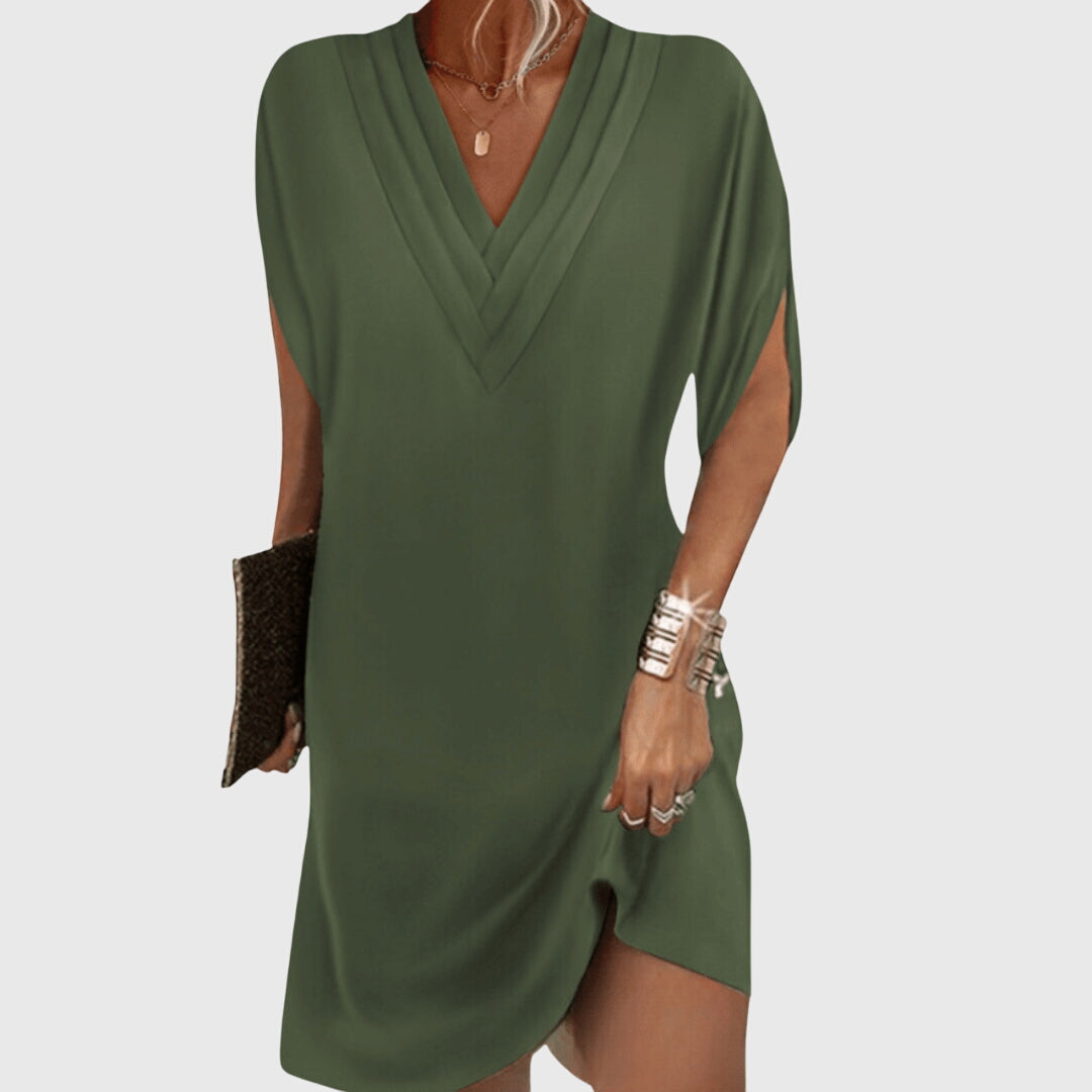 Women's Linen Blend V-Neck Short Sleeve Casual Mini Dress