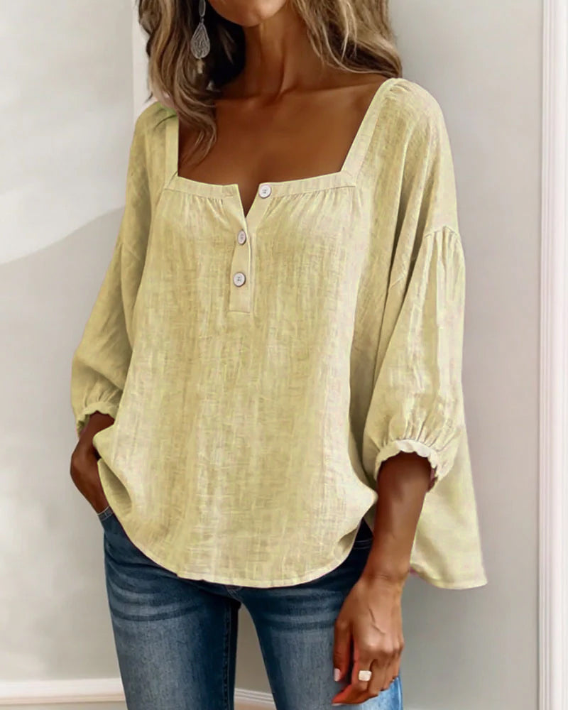 Women's Linen Blouse Square Neck Long Sleeve Casual Top Shirt