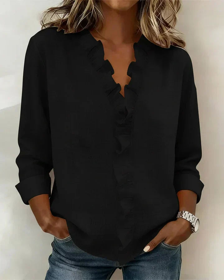 Women's Linen Ruffle V-Neck Long-Sleeve Blouse