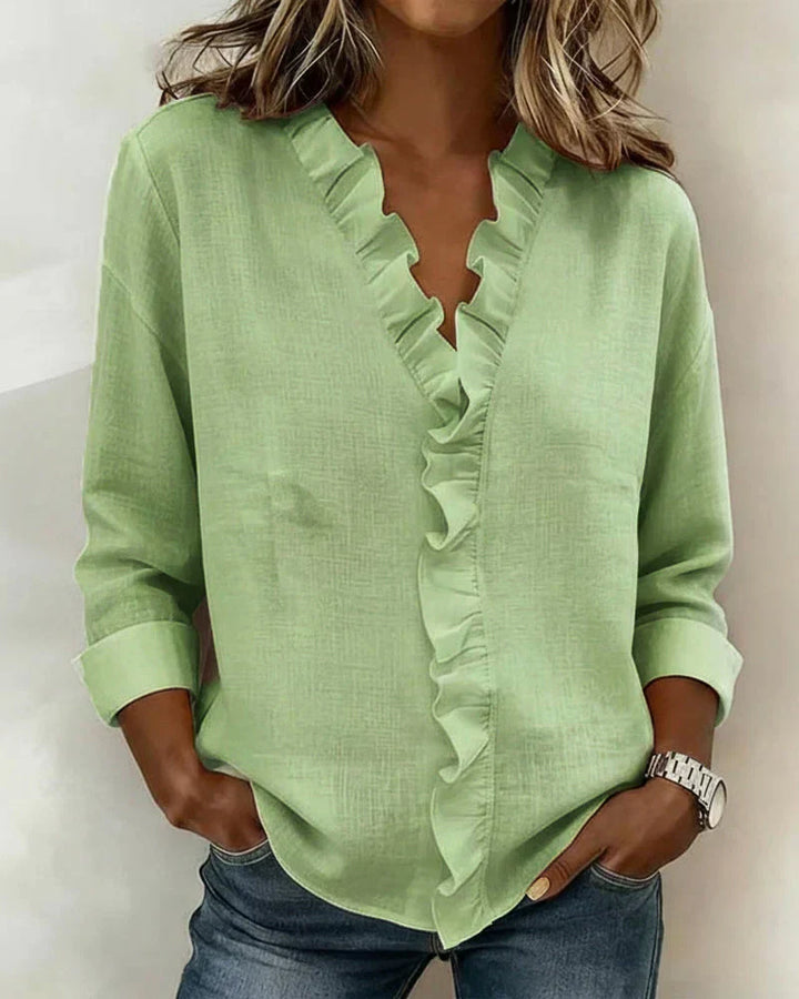 Women's Linen Ruffle V-Neck Long-Sleeve Blouse