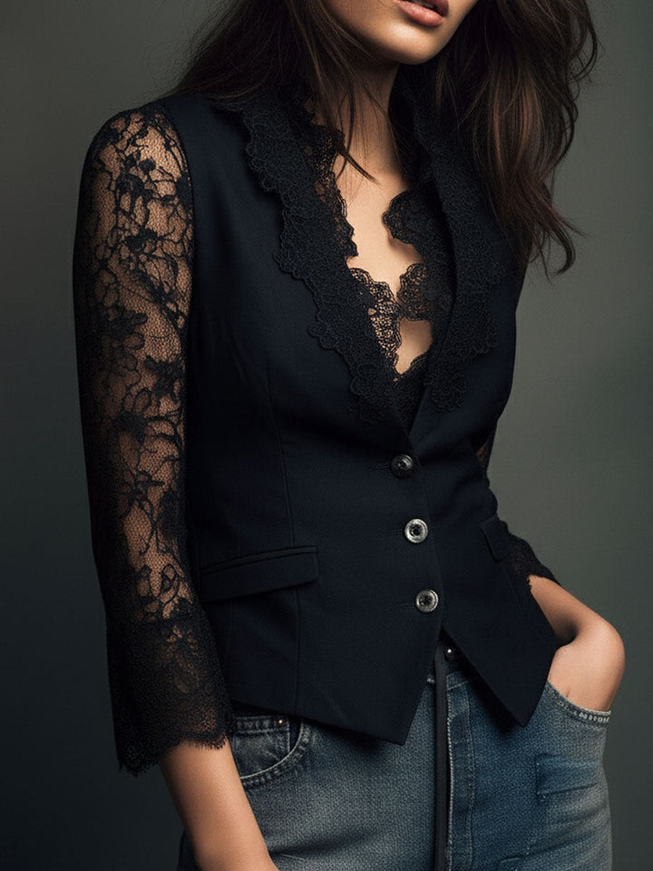 Women's Lace Knit Tailored Vest Blazer