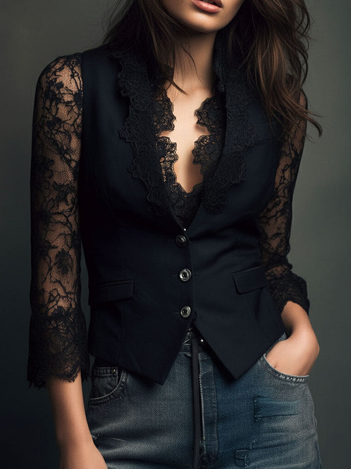 Women's Lace Knit Tailored Vest Blazer