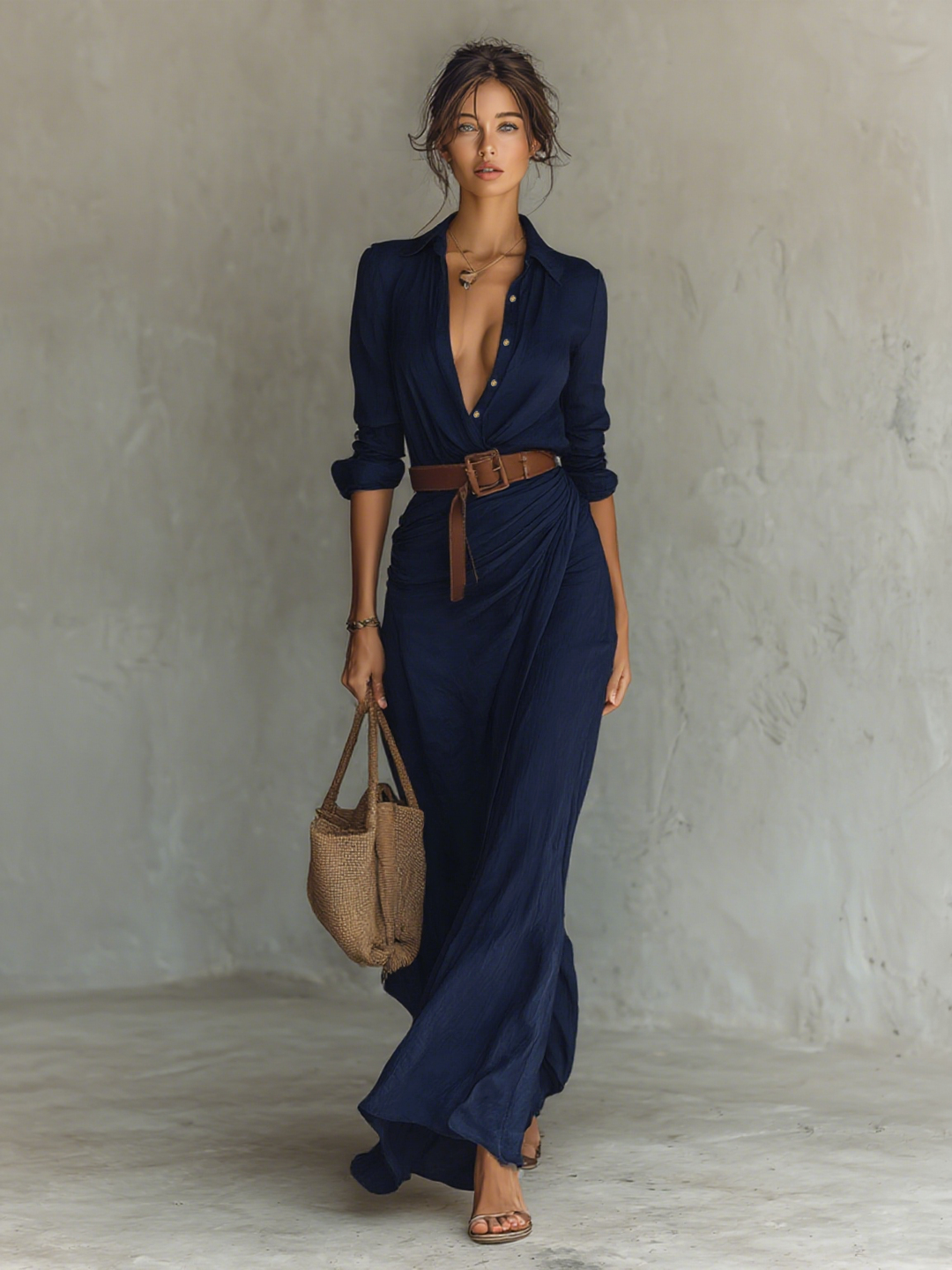 Women's Long Sleeve Belted Linen Blend Maxi Shirt Dress