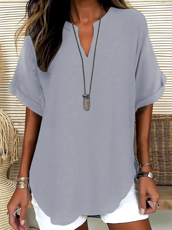 Women Linen Blouse V Neck Short Sleeve Casual Tunic Top