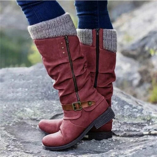 Women's Leather Slouch Boots Mid Calf Knit Cuff