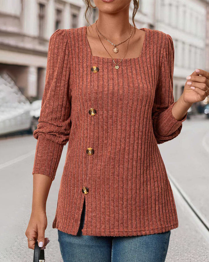 Women's Jumper Ribbed Knit Square Neck Long Sleeve Top
