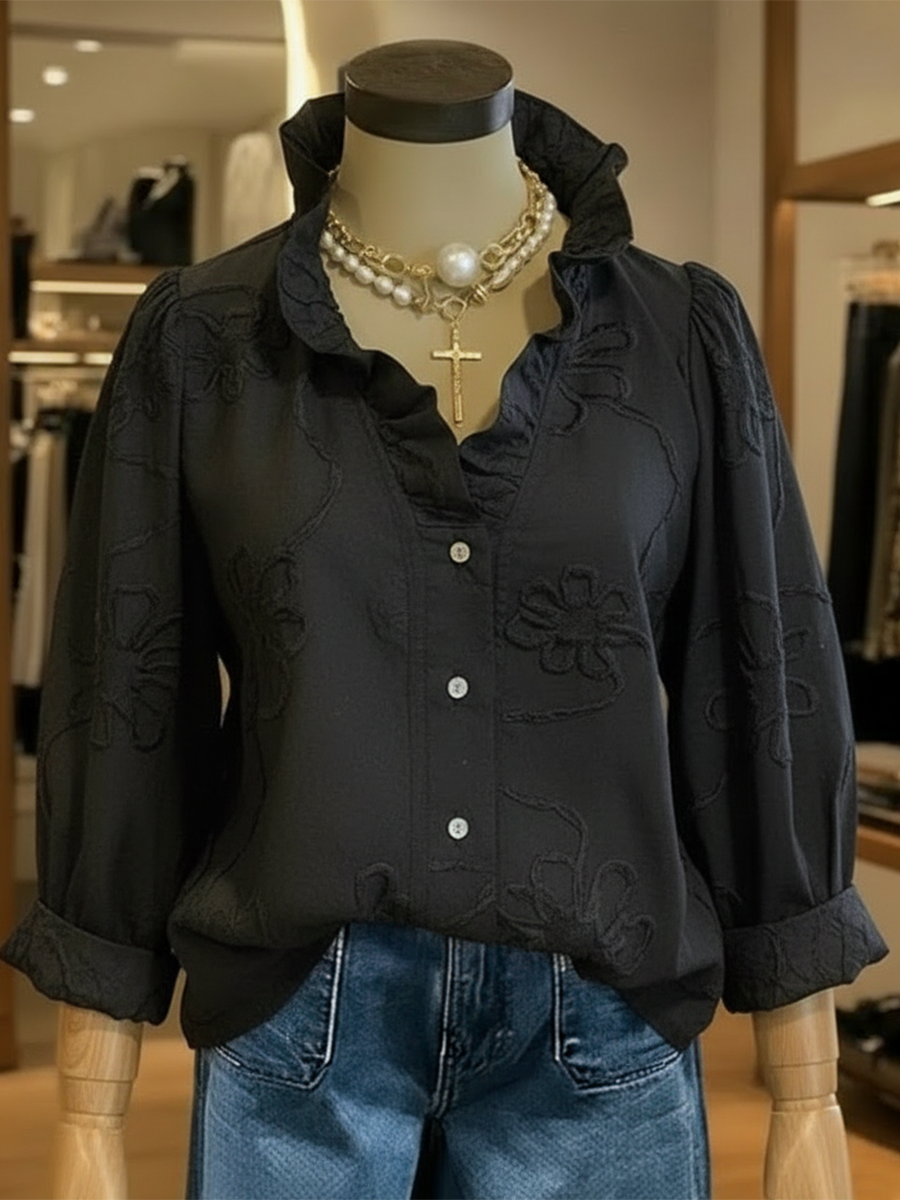 Women's Linen Ruffle-Collar Long-Sleeve Blouse