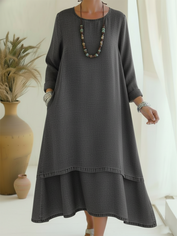 Women's Denim Layered Long Sleeve Maxi Dress
