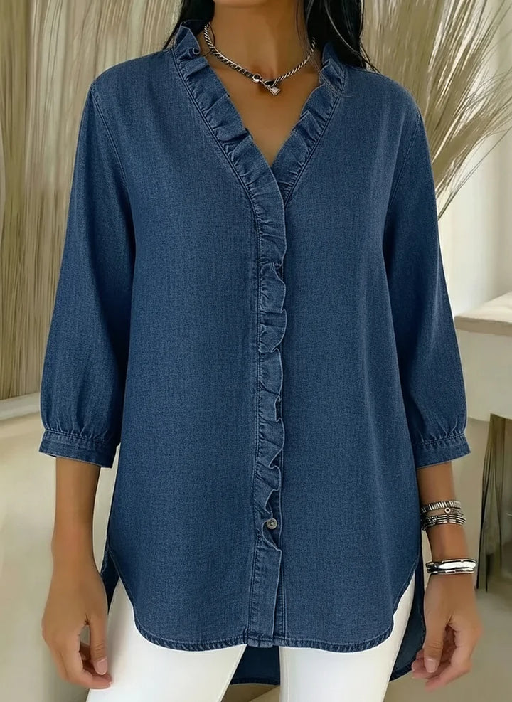 Dámská džínová halenka s knoflíky vpředu a volánovým límečkem