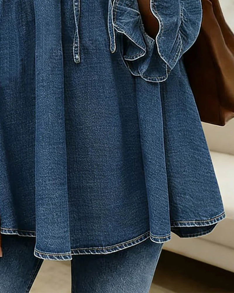 Women’s Denim Ruffled V-Neck Long-Sleeve Blouse
