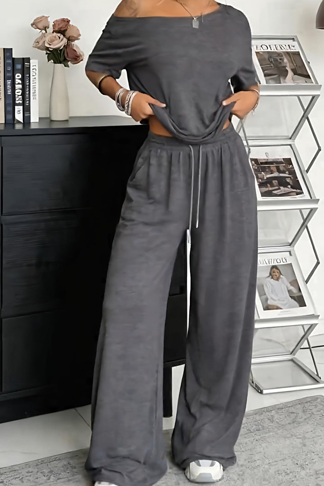 Women's Knit Wide Leg Tracksuit Top and Trousers Co-ord