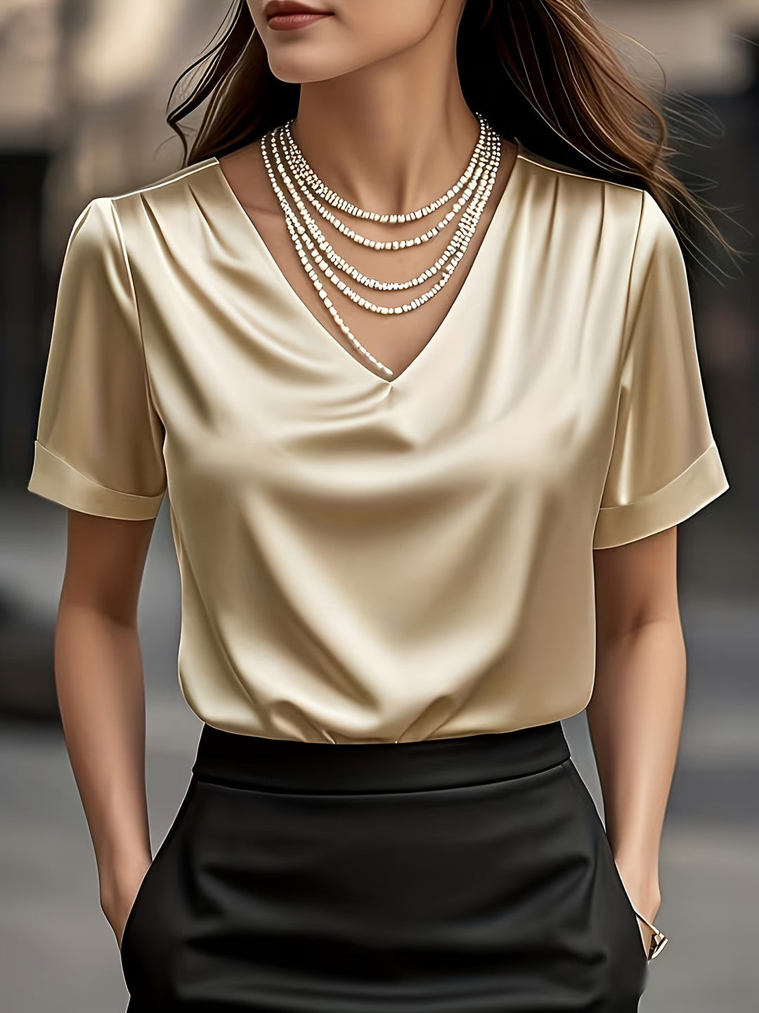 Women's Satin Blouse V Neck Short Sleeve Top Elegant Shirt