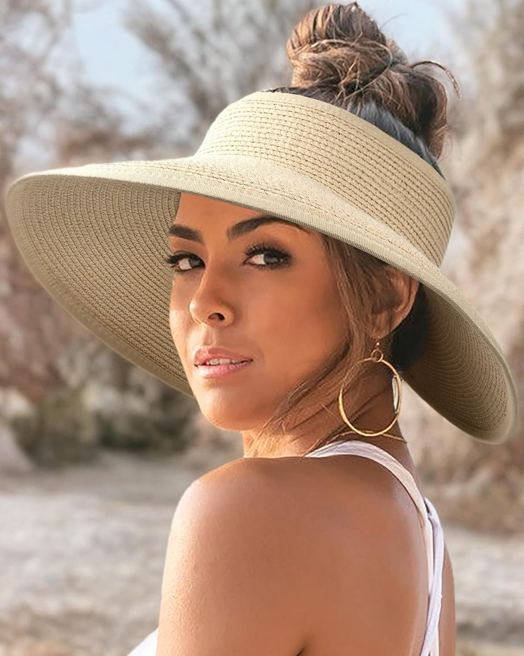 Women's Straw Sun Visor Wide Brim Foldable Roll Up Hat