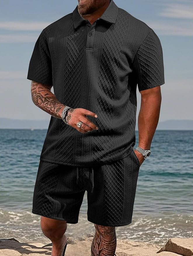 Men’s Knit Textured Polo & Shorts Co-Ord Set