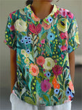 Women's Floral Print Linen Short Sleeve Blouse Relaxed Fit Shirt