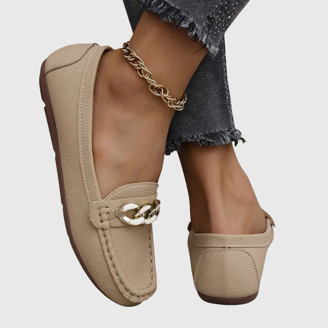 Women's Leather Loafers Chain Flat Shoes Moccasins Slips On